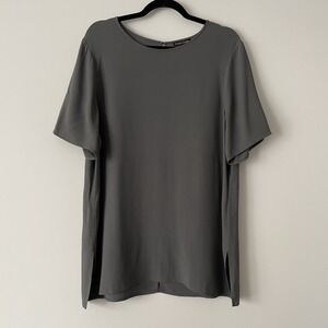 Eileen Fisher 100% Silk Short Sleeve Tunic Top Gray Sz L Quiet Luxury Minimalist